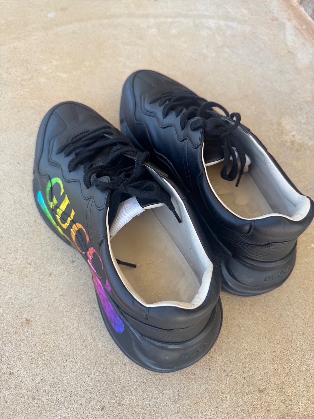 Gucci Black Leather Sneakers with Rainbow Script